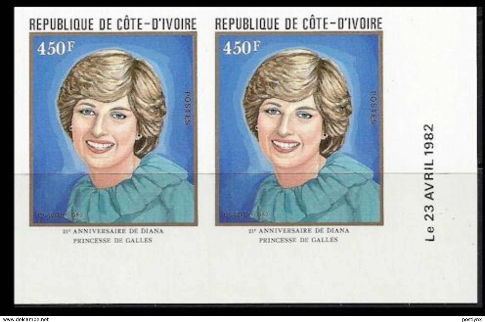 IVORY COASIVORY COAST 1982 Diana Birthday Charles' Wife 450franc CORNER IMPERF.PAIR - Costa D'Avorio (1960-...)