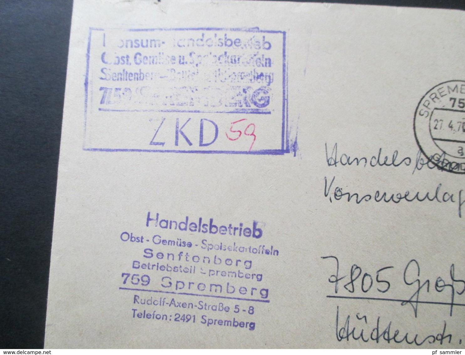 DDR 1970 ZKD Konsum Handelsbetrieb Spremberg Sorbischer Stempel Spremberg 1 / Grodk 1 - Briefe U. Dokumente