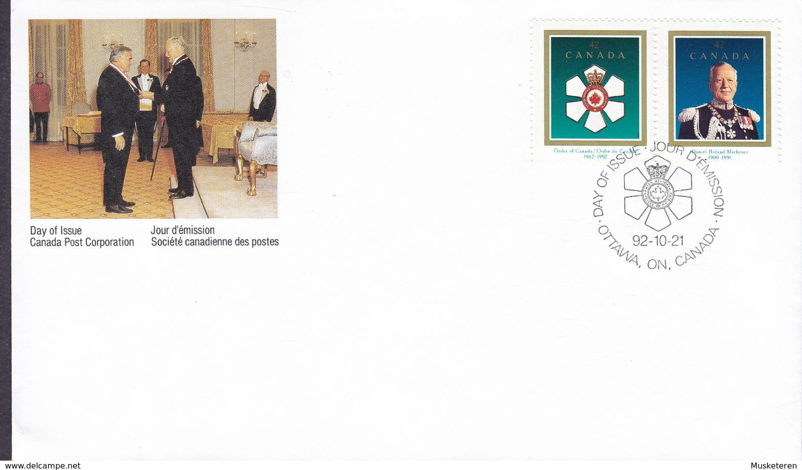 Canada Premier Jour Lettre FDC Cover OTTAWA 1992 Order Of Canada Daniel Roland Michener Pair Complete Set - 1991-2000