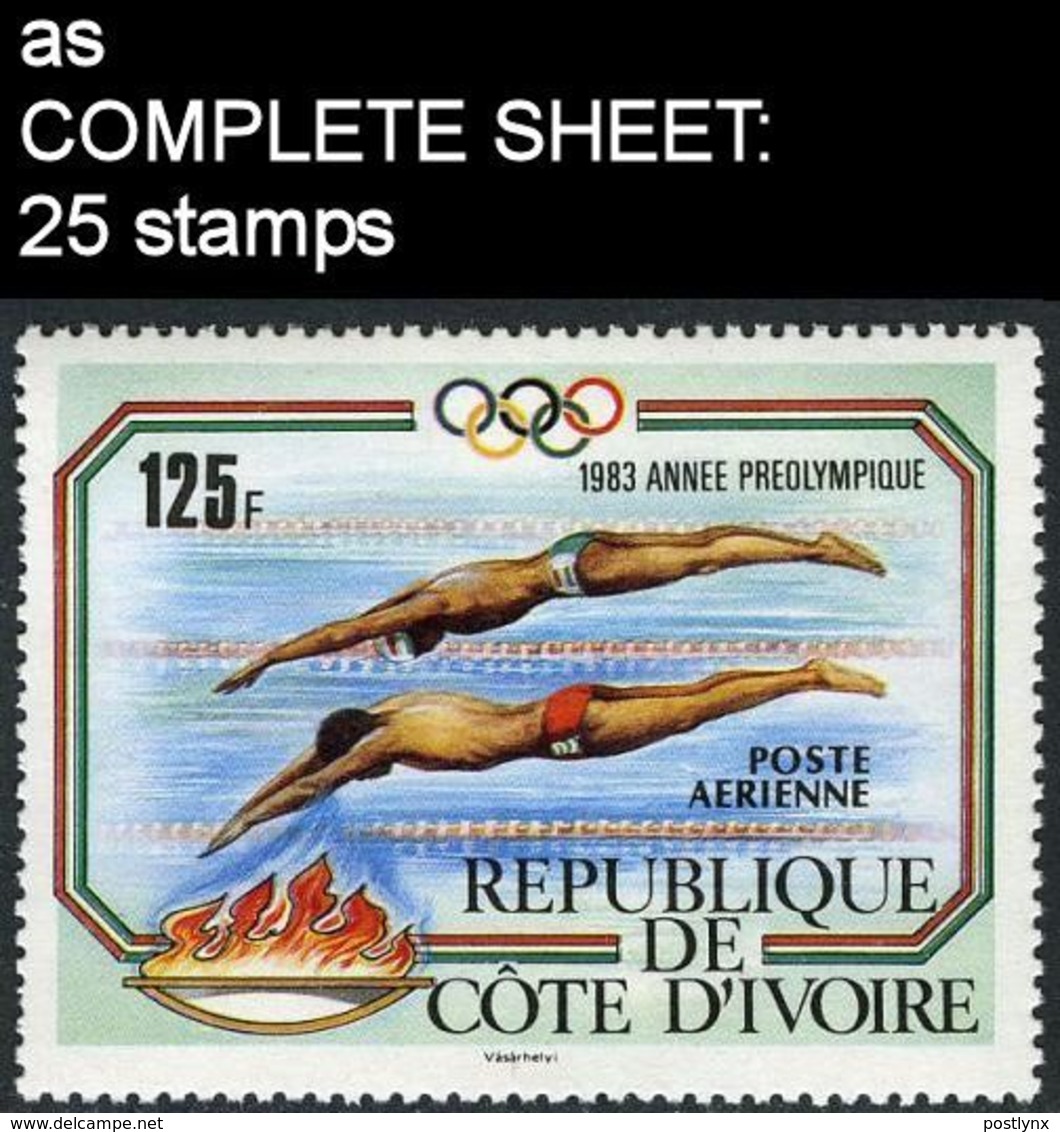 CV:€36.00 Ivory Coast 1983 Pre-Olympics Games In Los Angeles Downtown Diving 125F COMPLETE SHEET:25 Stamps - Tauchen