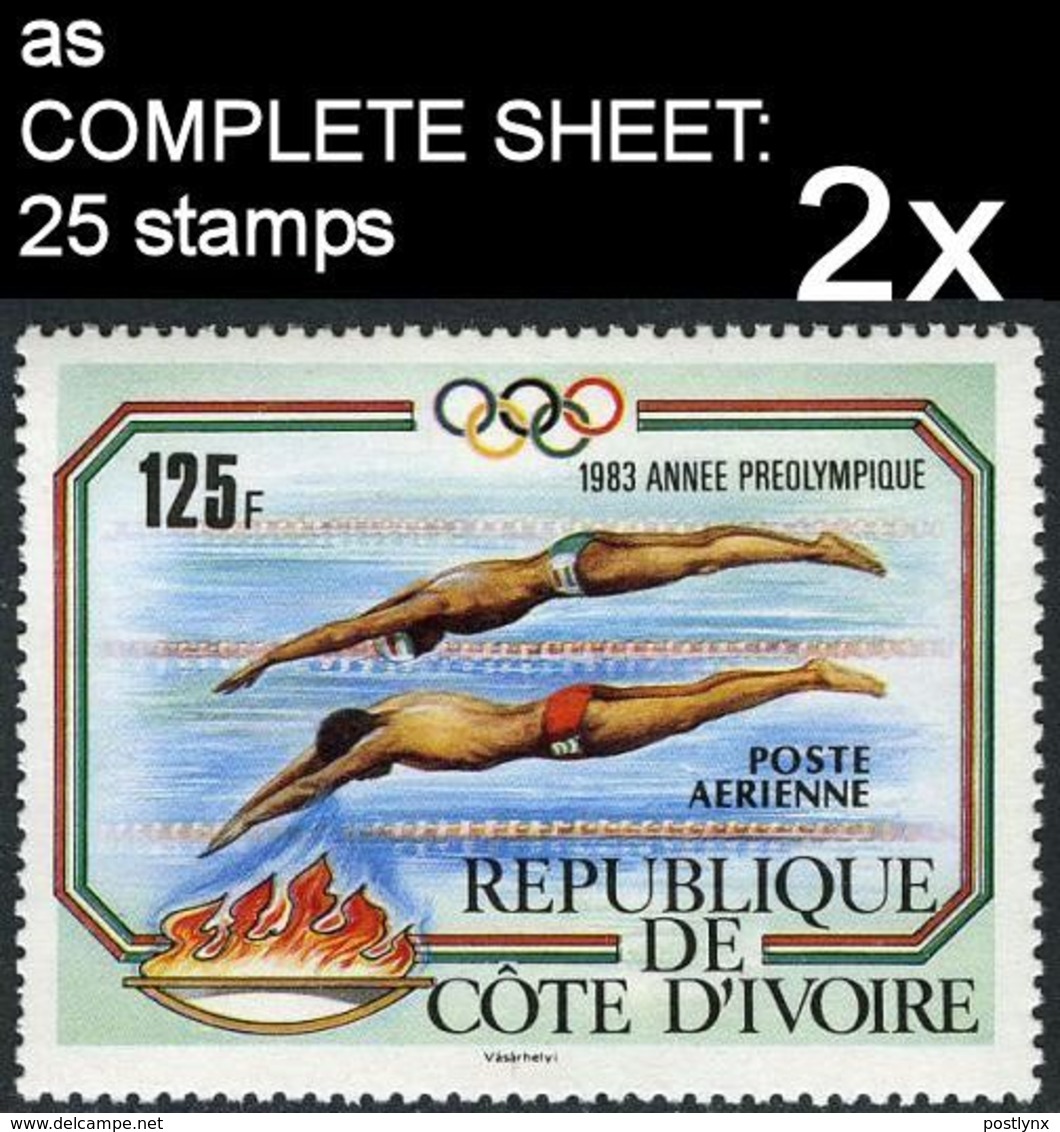 CV:€72.00 BULK: 2 X Ivory Coast 1983 Olympics Los Angeles Diving 125F COMPLETE SHEET:25 Stamps - Plongée