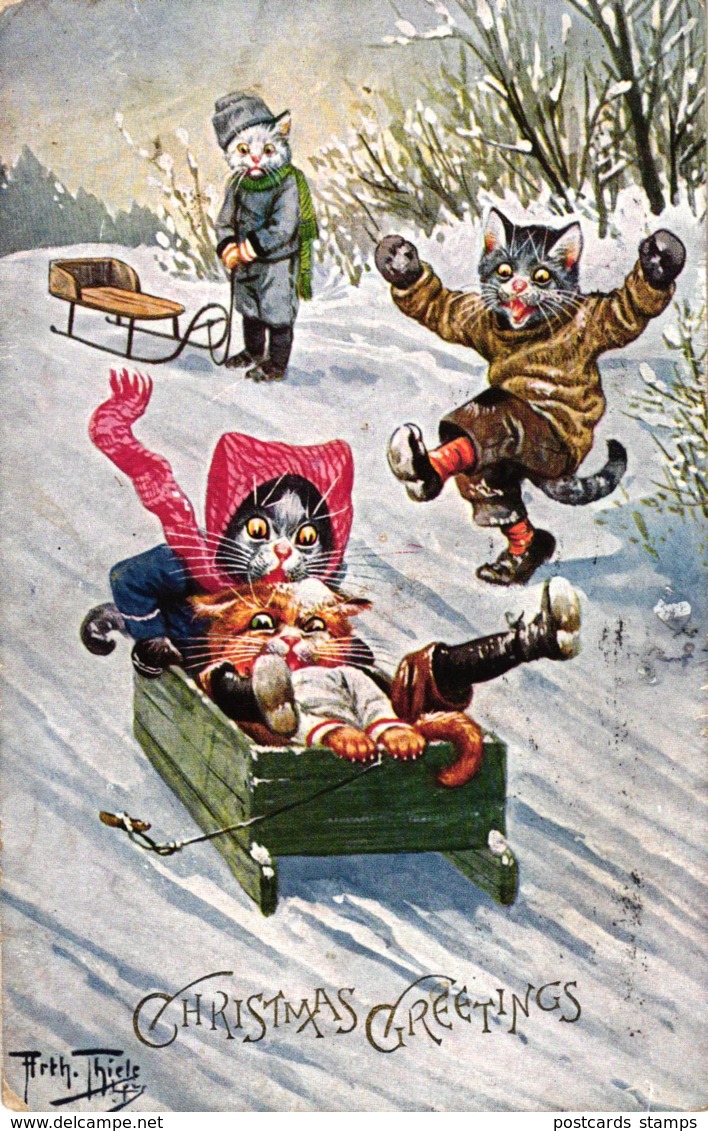 Katze, Katzen Beim Schlitten Fahren, Weihnachten, Sign. Arthur Thiele - Thiele, Arthur