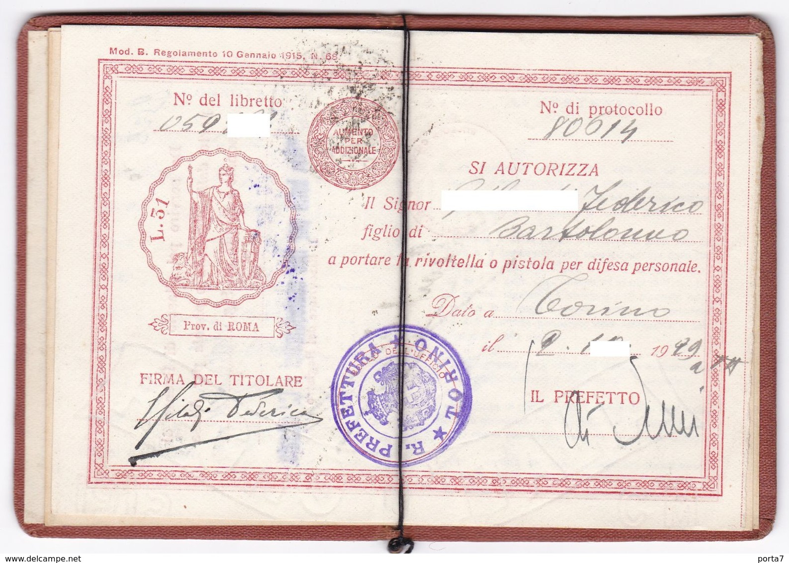 REGNO D'ITALIA - LICENZA DI PORTO D'ARMI - DOCUMENTO ORIGINALE  ANNO 1929 - Historical Documents