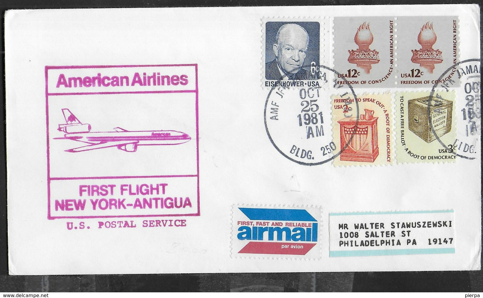 U.S.A. - FIRST FLIGHT NEW YORK-ANTIGUA - AMERICAN AIRLINES - OCT.25.1981- SU BUSTA - Autres & Non Classés