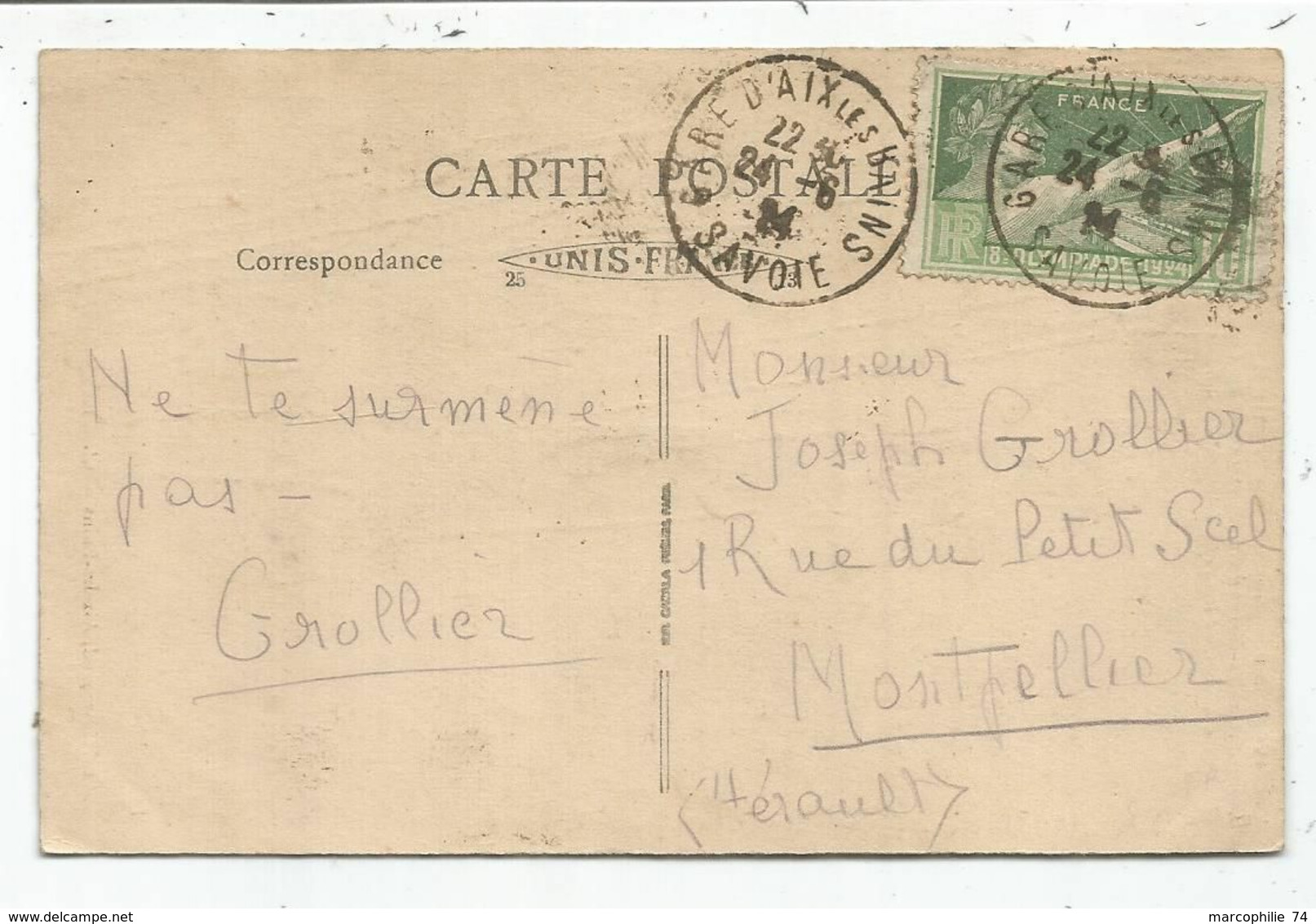 JEUX OLYMPIQUES 10C SEUL CARTE 5 MOTS GARE D'AIX LES BAINS 24.6.1924 SAVOIE - 1921-1960: Moderne