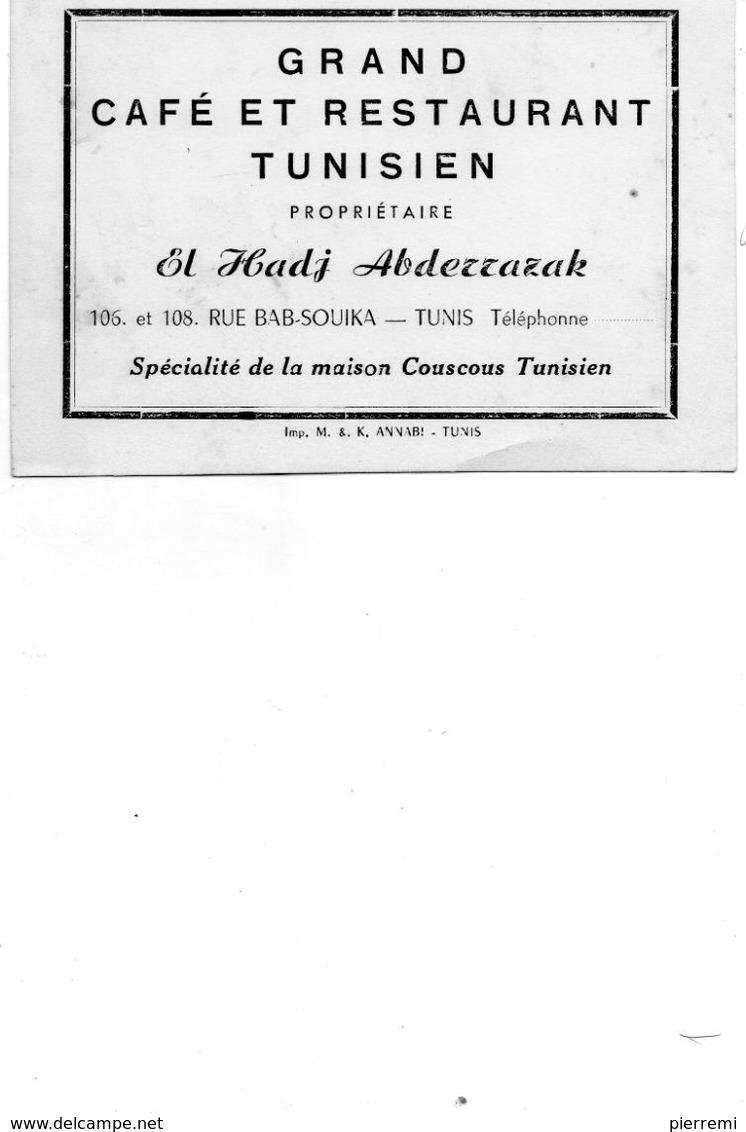 TUNIS...grand Cafe Et Restaurant Tunisien   Carte De Visite  Format 13cm Par 9cm - Restaurants