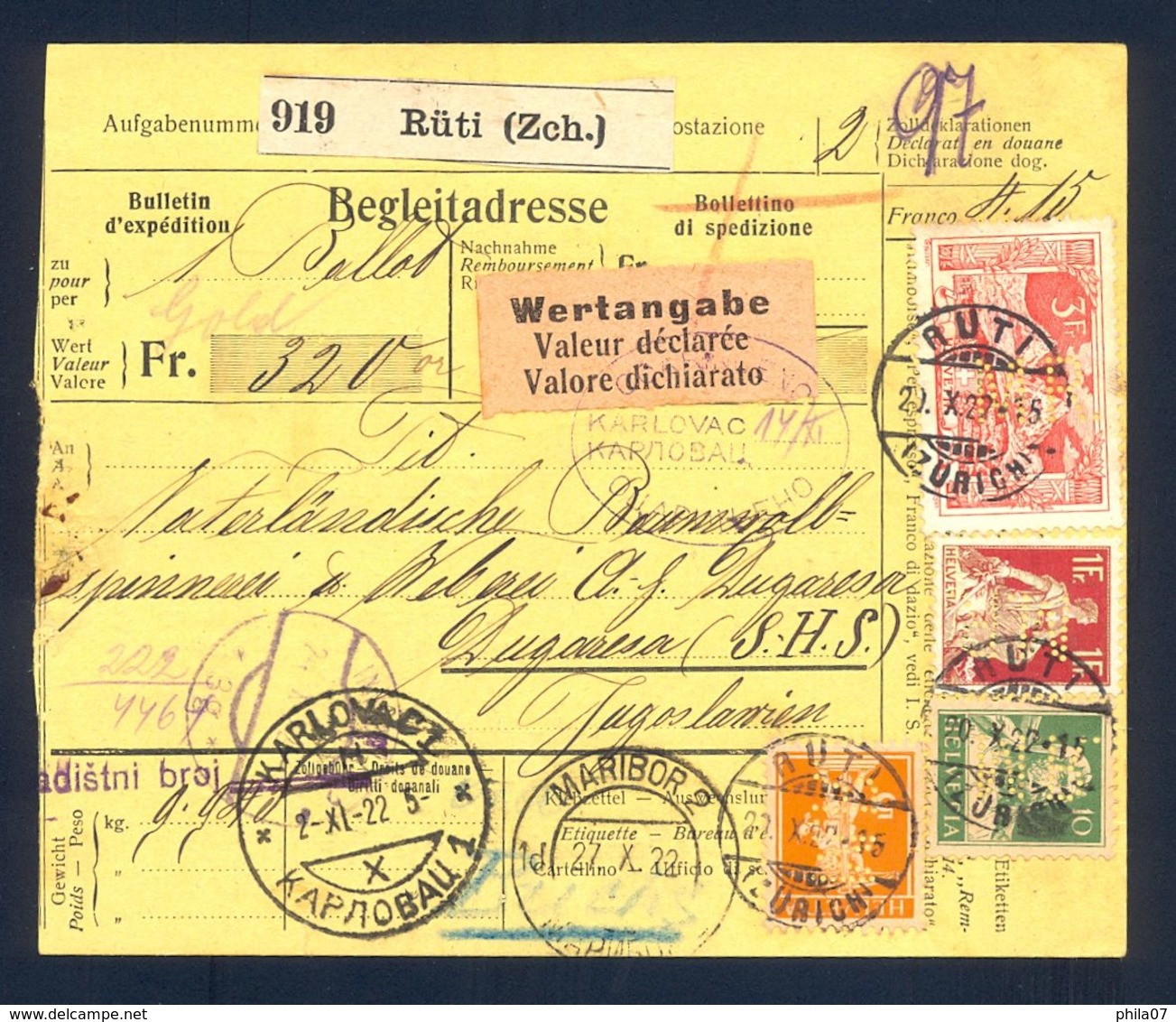 SWITZERLAND - Very Nice Parcel Card Sent From Ruti Via Maribor To Duga Resa 22.10. 1922. Custom Paid In Karlovac. All St - Autres & Non Classés
