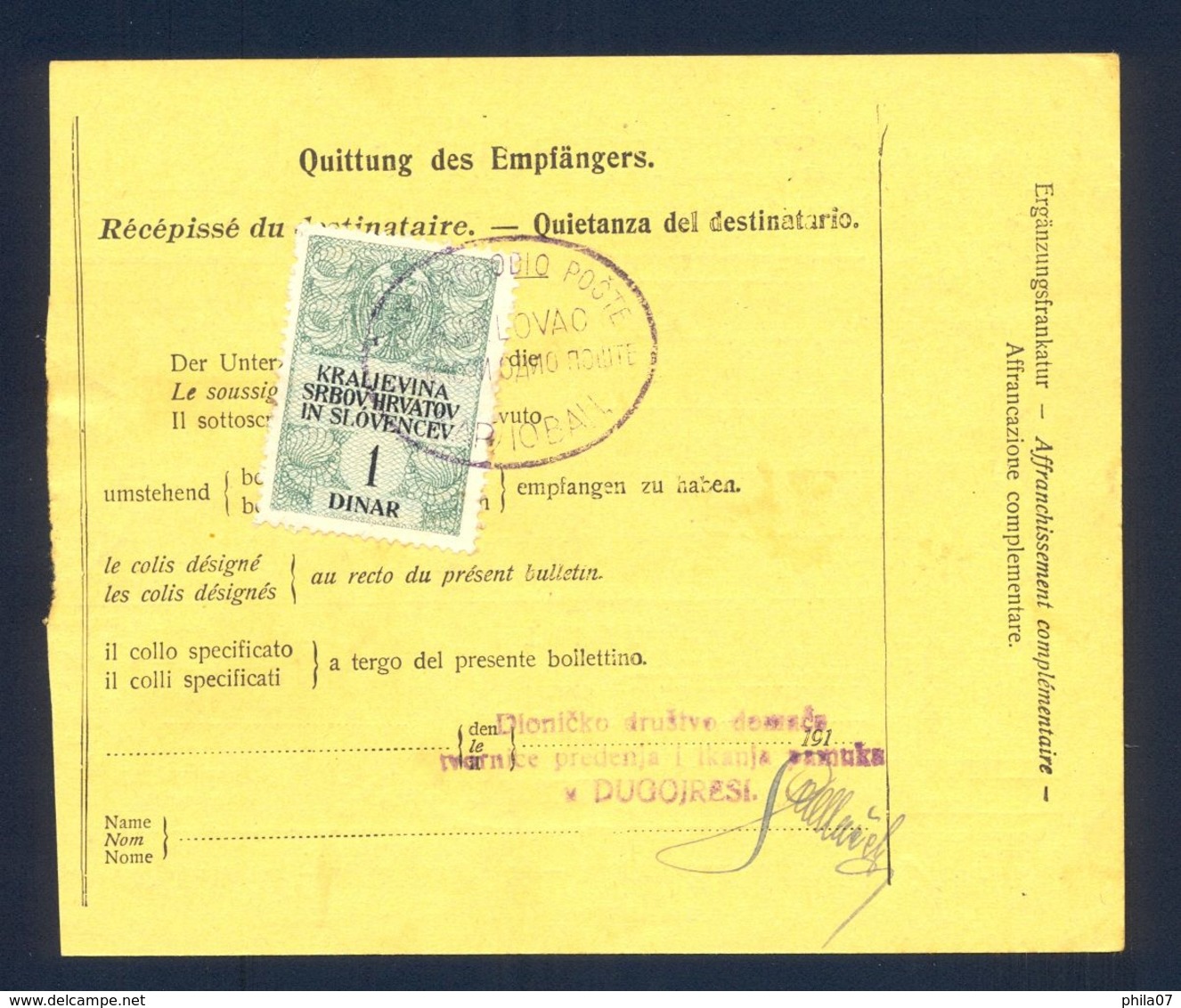 SWITZERLAND - Very Nice Parcel Card Sent From Ruti Via Maribor To Duga Resa 22.10. 1922. Custom Paid In Karlovac. All St - Autres & Non Classés