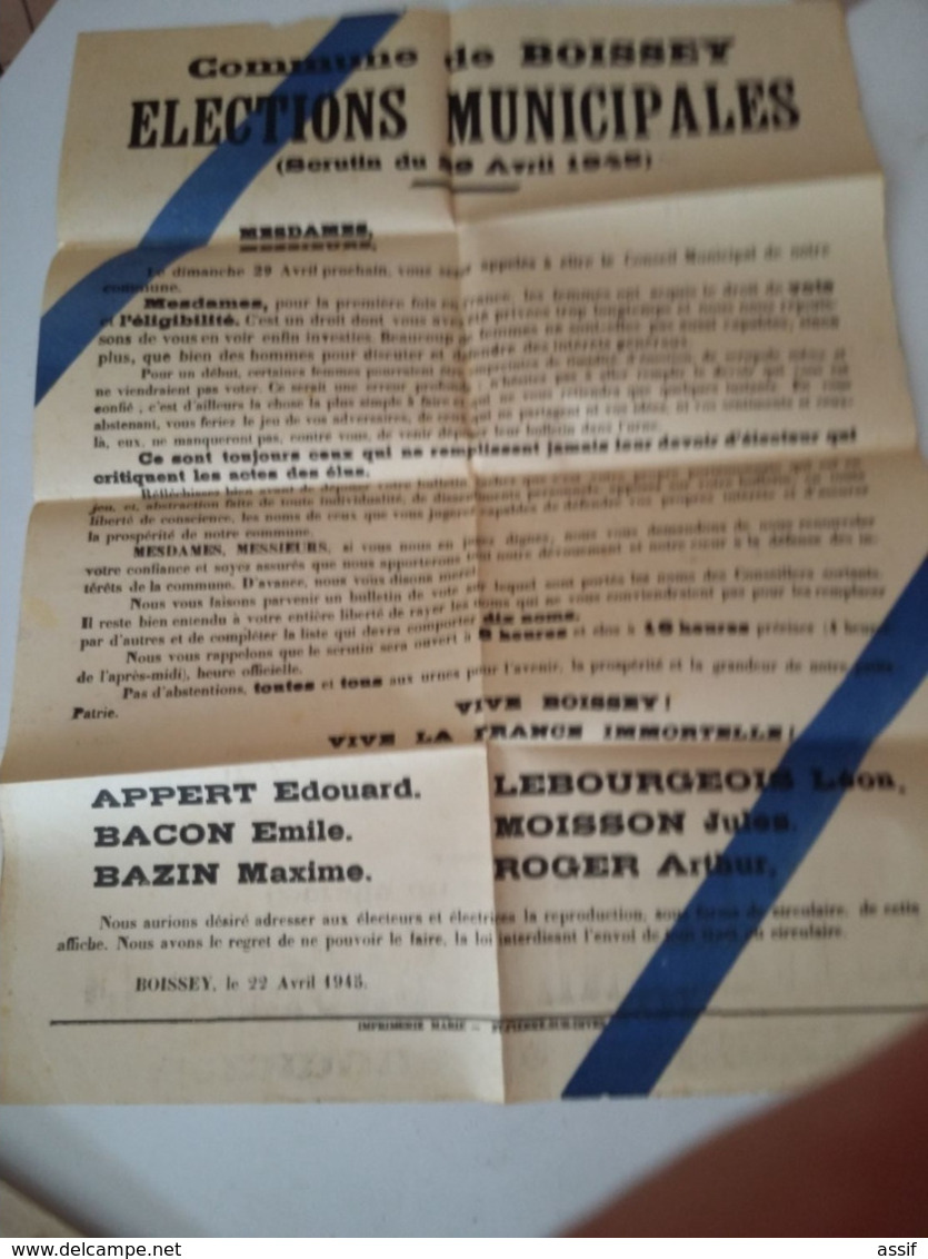 BOISSEY NORMANDIE 4 Affiches : 4.10.1942 ( Fête Pour Prisonniers ), Cérém. Patriotique 1947 , Elections 1945 + Non Dat - Plakate