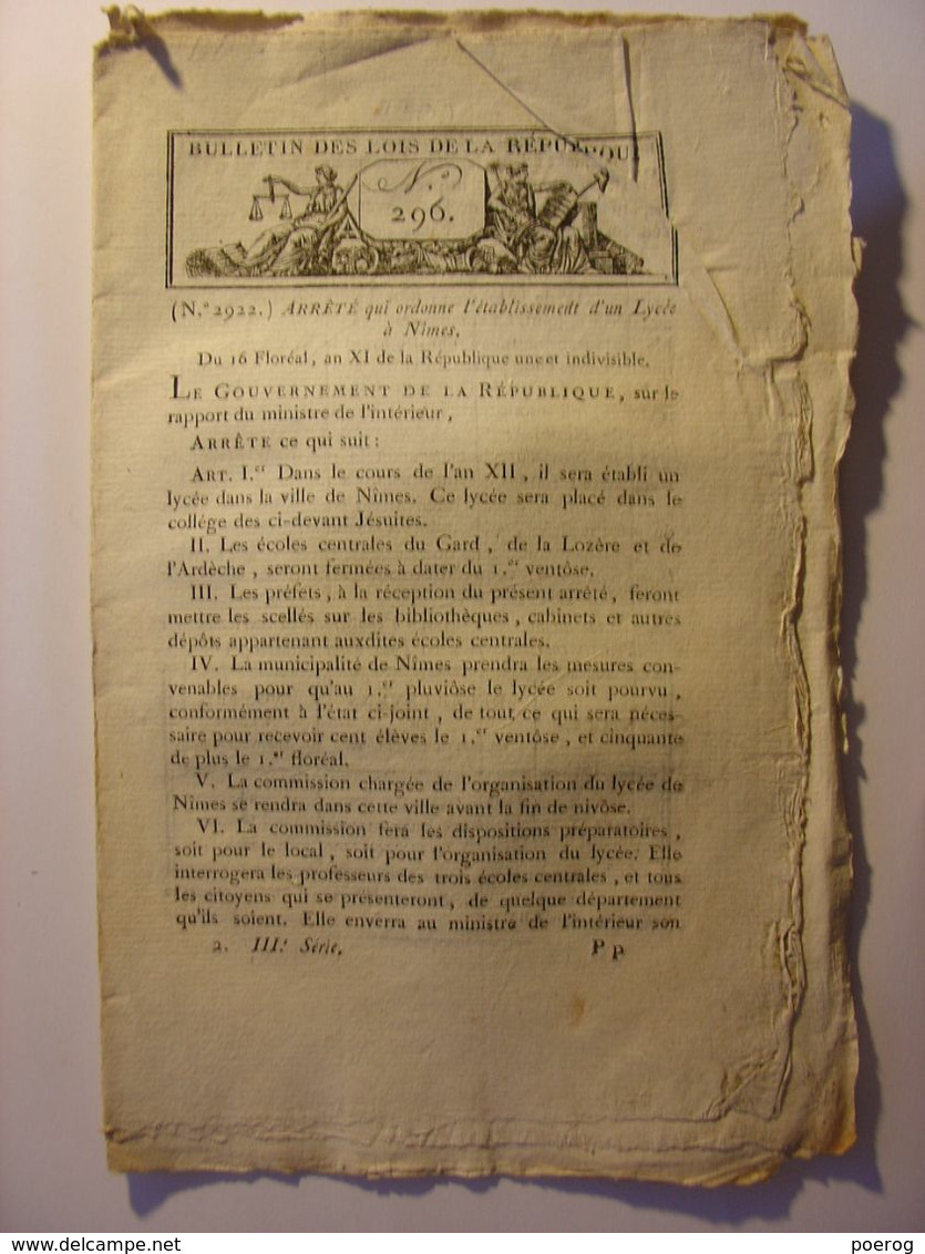 BULLETIN DES LOIS De FLOREAL AN XI (1803) - LYCEE NIMES PAU POITIERS - TIMBRE PAPIER - RAISIN VIN - ARMEMENT ANGLETERRE - Wetten & Decreten