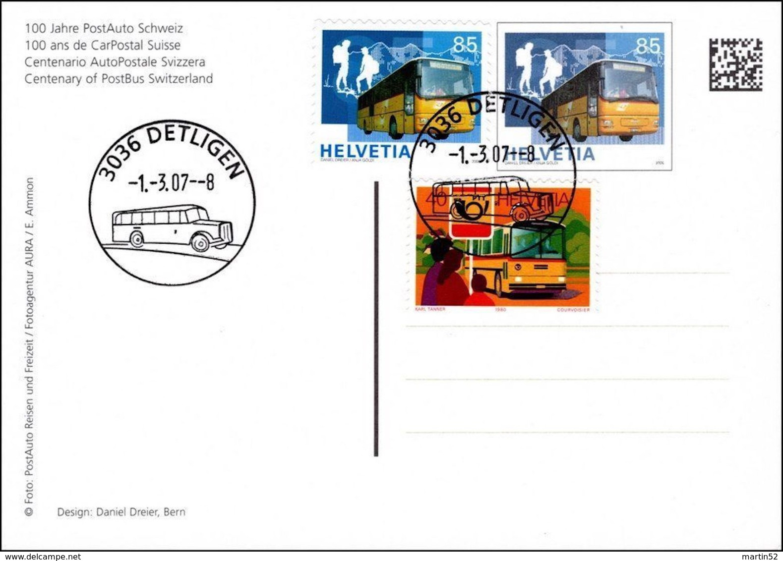 Suisse-Schweiz 2007: 100 Jahre PostAuto Zu 646+1192+ Mi 1181+1956 Yv 1111+1882 Auf Postauto-GS Mit O DETLIGEN -1.-3.07 - Busses