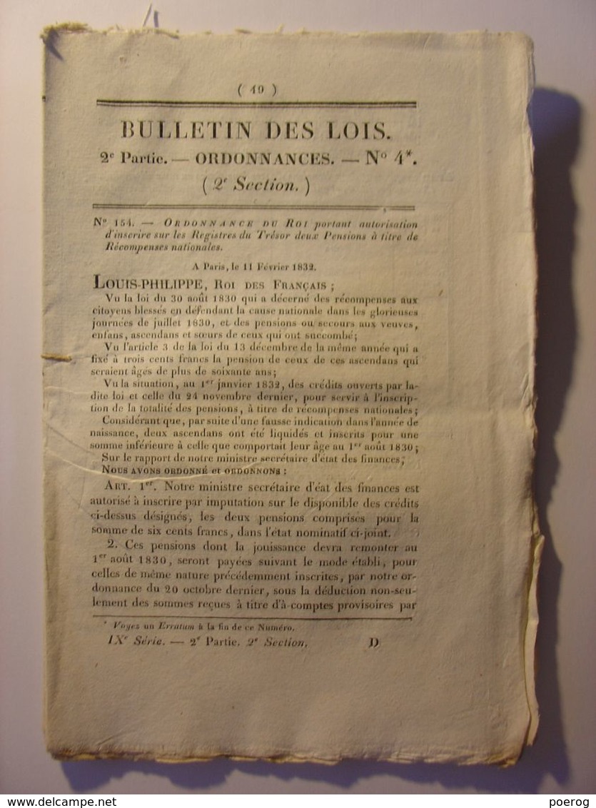 BULLETIN DE LOIS Du 12 MARS 1832 - PENSIONS MARINE MILITAIRE - BOIS ET FORETS PONTOUX OBTREE ARSAGNE CHAMBAIN SENTHEIM - Wetten & Decreten