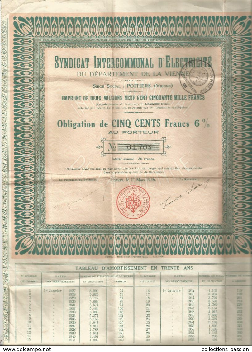 Obligation De 500 , Cinq Cents Francs 6%, Syndicat Intercommunal D'électricité ...de La VIENNE,1926, Frais Fr 1.85 - Andere & Zonder Classificatie