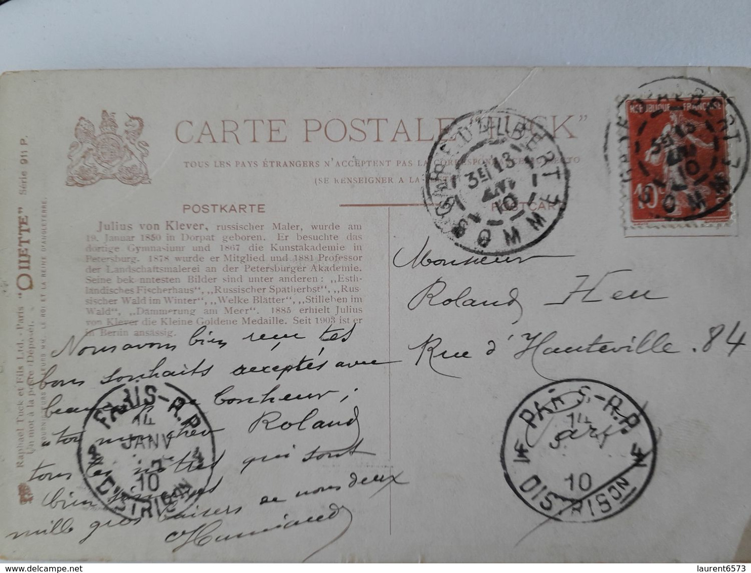 Carte Postale, Raphaël Tuck, Oilette., Julius Von Klever Janvier 1910 - Other & Unclassified