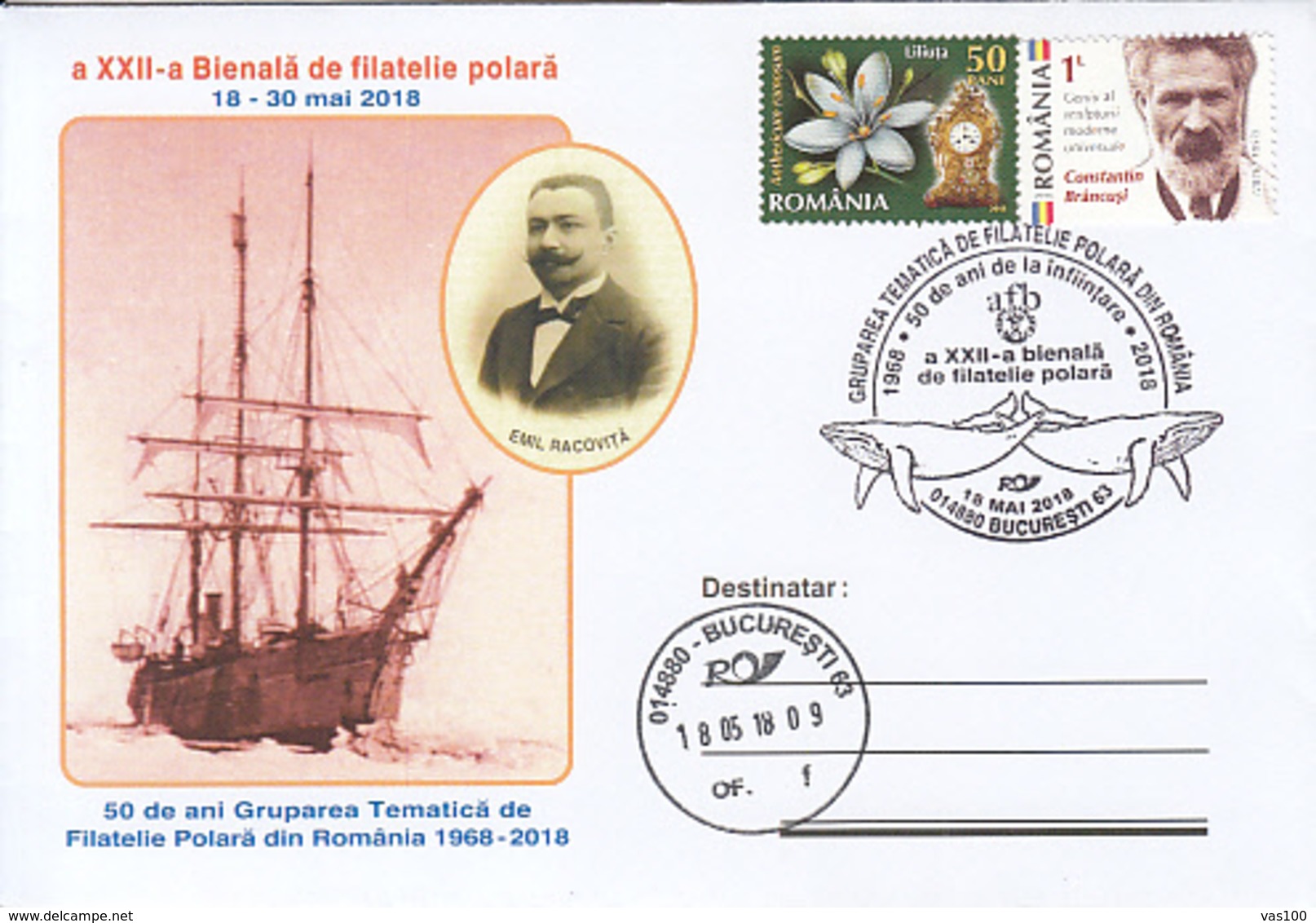 POLAR PHILATELIC EXHIBITION, BELGICA SHIP, EMIL RACOVITA, WHALE, SPECIAL COVER, 2018, ROMANIA - Événements & Commémorations