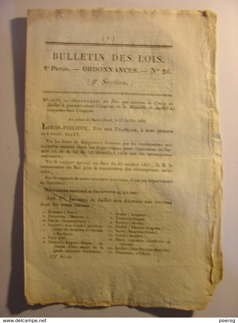 BULLETIN DES LOIS Du 2 AOUT 1832 - RECOMPENSES MEDAILLE DE JUILLET CROIX DE JUILLET - Decretos & Leyes