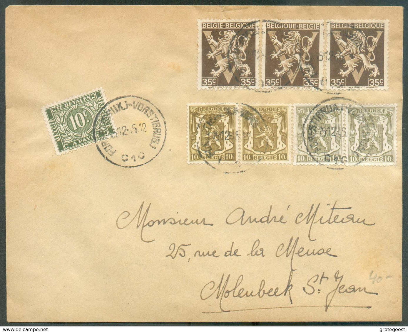 35 Centimes LION V (Fr./Nl) X 3  + 10c. Petit Sceau De L'Etat (x4), Obl. Sc 15-12-1945 Sur Lettre Avec T-TX 10c. Obl. Sc - Covers & Documents