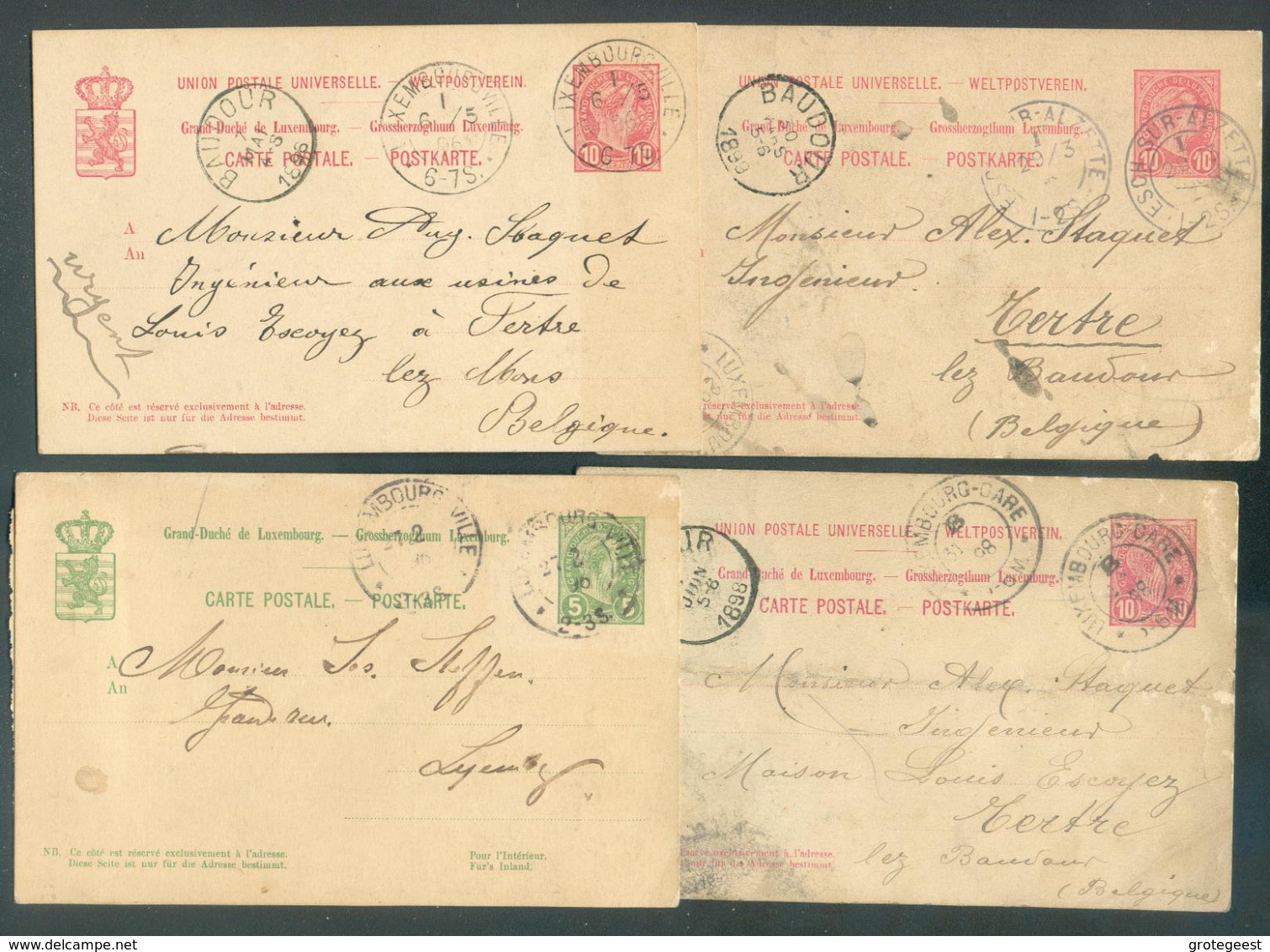 Lot De 4 E.P. 10c. Rouge S/crème Obl.  LUXEMBOURG Et ESCH Sur ALZETTE (1896/1899) Vers Tertre - 15917 - Stamped Stationery