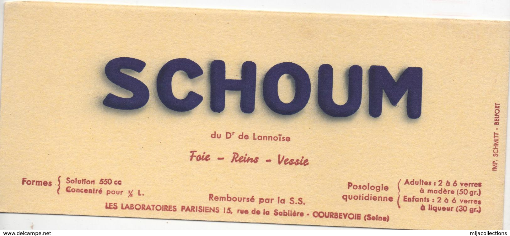 BUVARD  SCHOUM Du Dr. De Lannoïse -laboratoires Parisiens  15 Rue De La Sablière COURBEVOIE Seine - Produits Pharmaceutiques