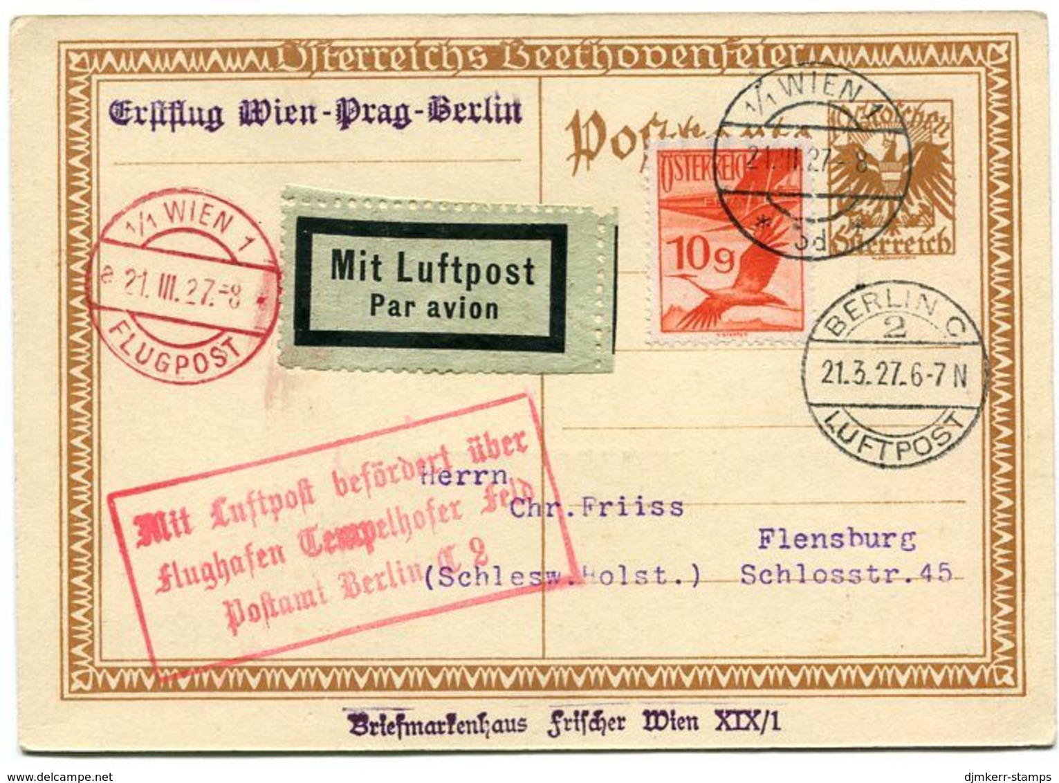 AUSTRIA 1927 First Flight Wien-Prague-Berlin On Postcard.  Beethoven Commemoration On Obverse. - Covers & Documents