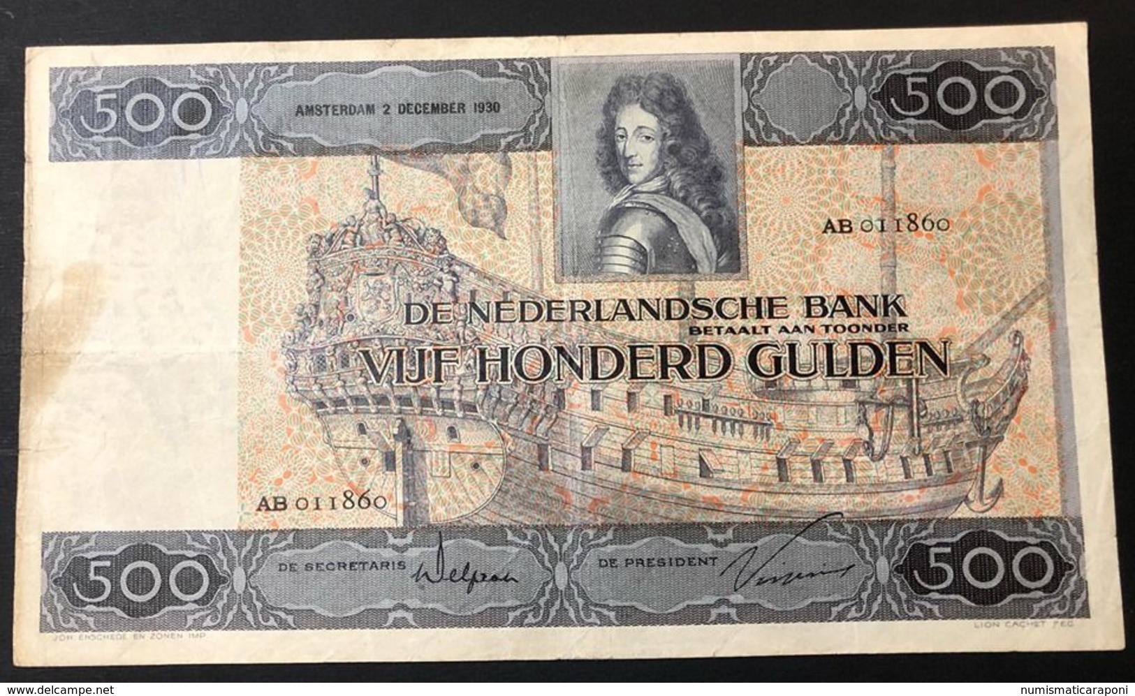 NETHERLANDS OLANDA  500 GULDEN 02 12 1930 Rara Cod.olanda.04 - 500 Gulden