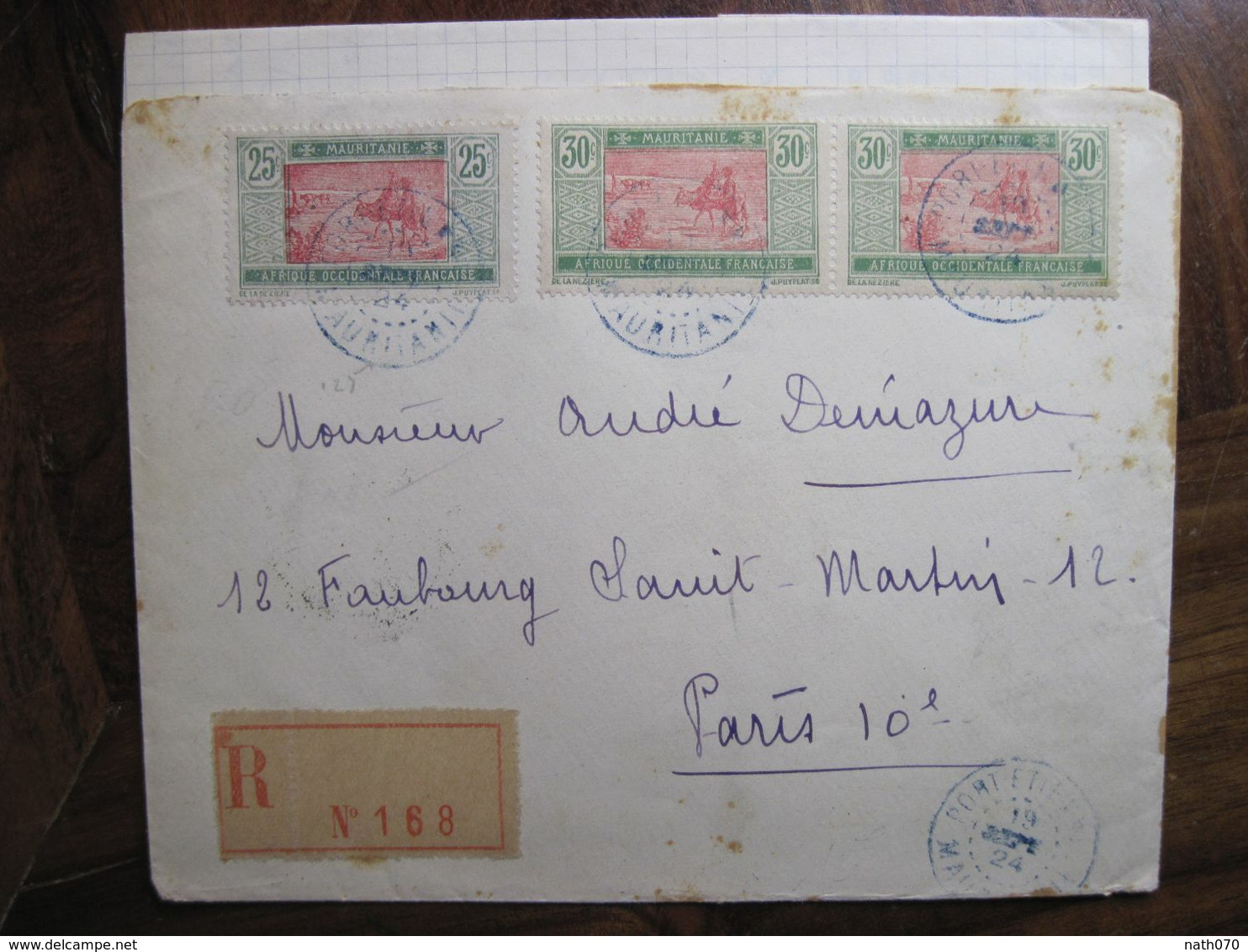 Mauritanie Port Etienne 1924 France Courrier à L'interieur Cachet TAD Bleu Lettre Enveloppe Cover Colonie Recommandé - Briefe U. Dokumente