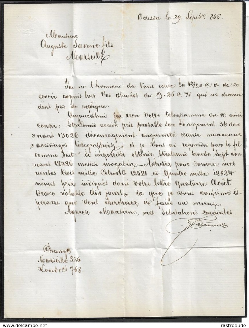 1866 RUSSIA UKRAINE - ODESSA N. MARSEILLE - ÜBER RUSSLAND EISENBAHN POST - ...-1857 Prefilatelia