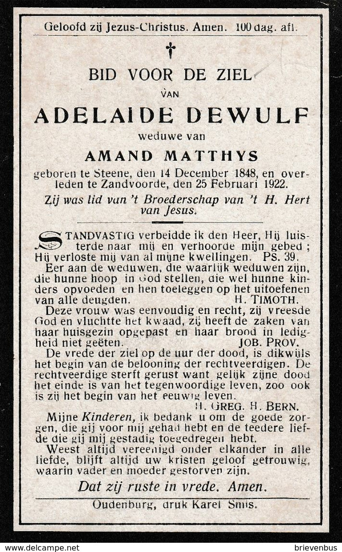 Steene, Stene, Zandvoorde:1922, Adelaide Dewulf, Matthys - Devotion Images