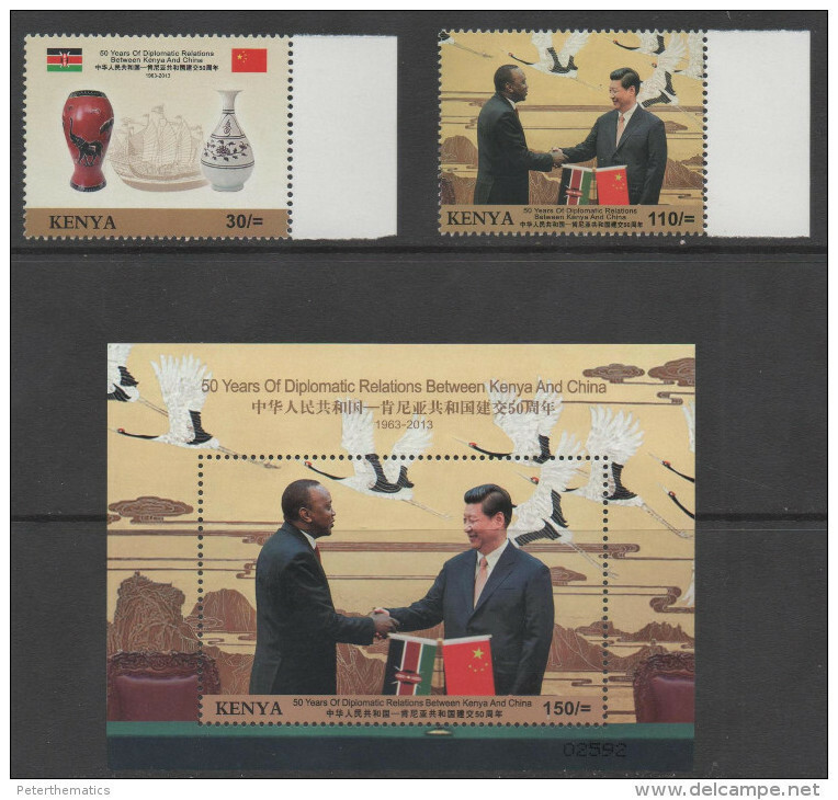 KENYA, 2013,MNH, DIPLOMATIC RELATIONS WITH CHINA, BIRDS, MOUNTAINS, SHIPS, FLAGS, ELEPHANTS,PRESIDENTS,2v+S /S,SCARCE - Autres & Non Classés