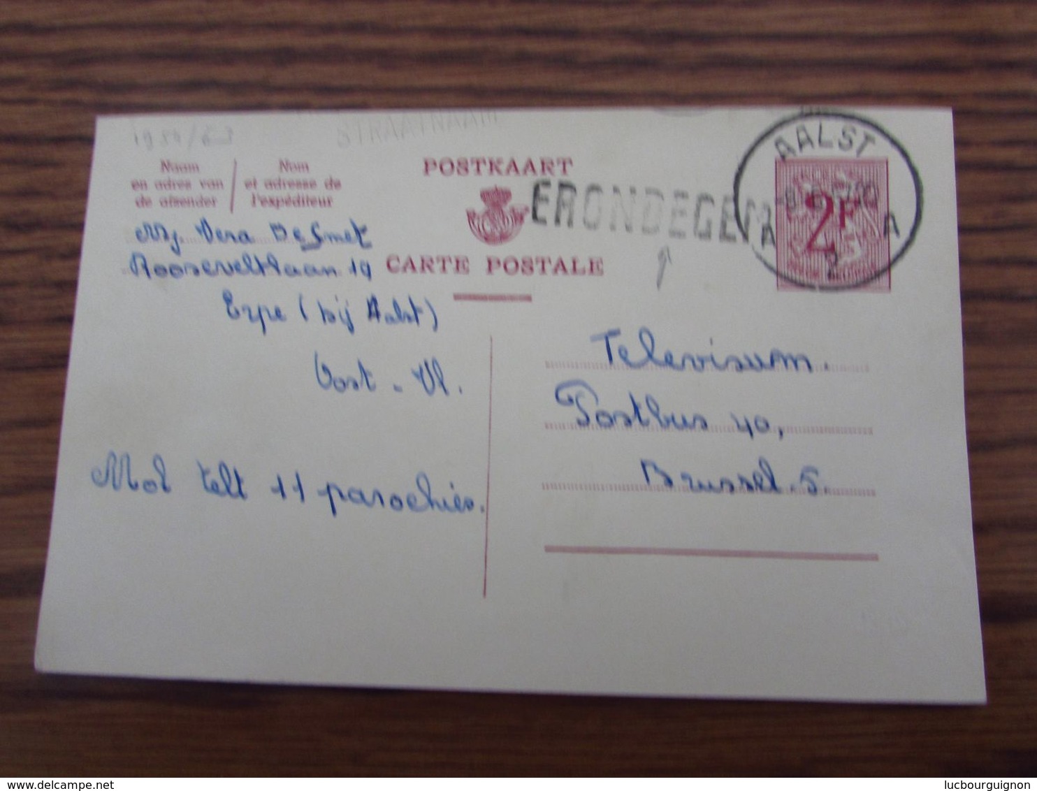 Entier Postal N° 163 (2f Carminé) Oblitéré De AALST En 1957 + GRIFFE D'origine De ERONDEGEM (et STRAATNAAM ?) - Postkarten 1951-..