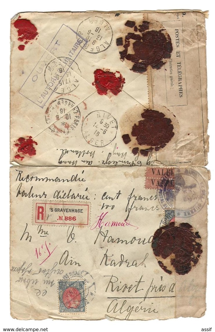 GRAVENHAGE VALEUR DECLAREE WW1 CENSURE CENSOR RIVET ALGERIE 1916 /FREE SHIPPING REGISTERED - Cartas & Documentos