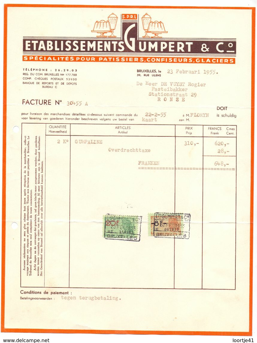 Factuur Facture - Spéc. Patissiers , Confiseurs , Glaciers - Ets. Gumpert & C° - Bruxelles  1955 - Alimentare