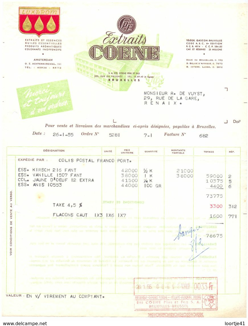 Factuur Facture - Extraits COENE - Bruxelles  1955 - Food