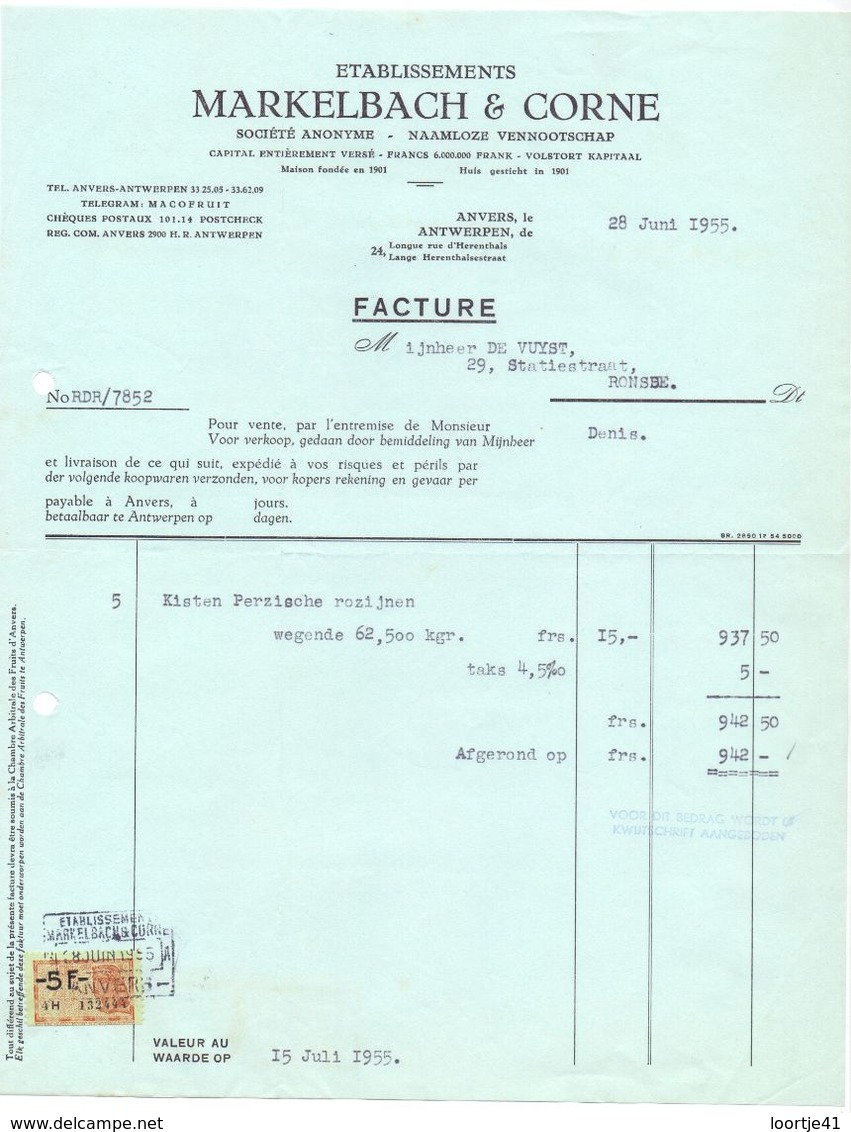 Factuur Facture - Voeding - Markelbach & Corne - Antwerpen 1955 - Levensmiddelen