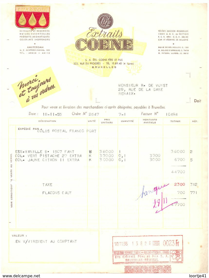 Factuur Facture - Voeding - Extraits Coene - Bruxelles  1955 - Lebensmittel