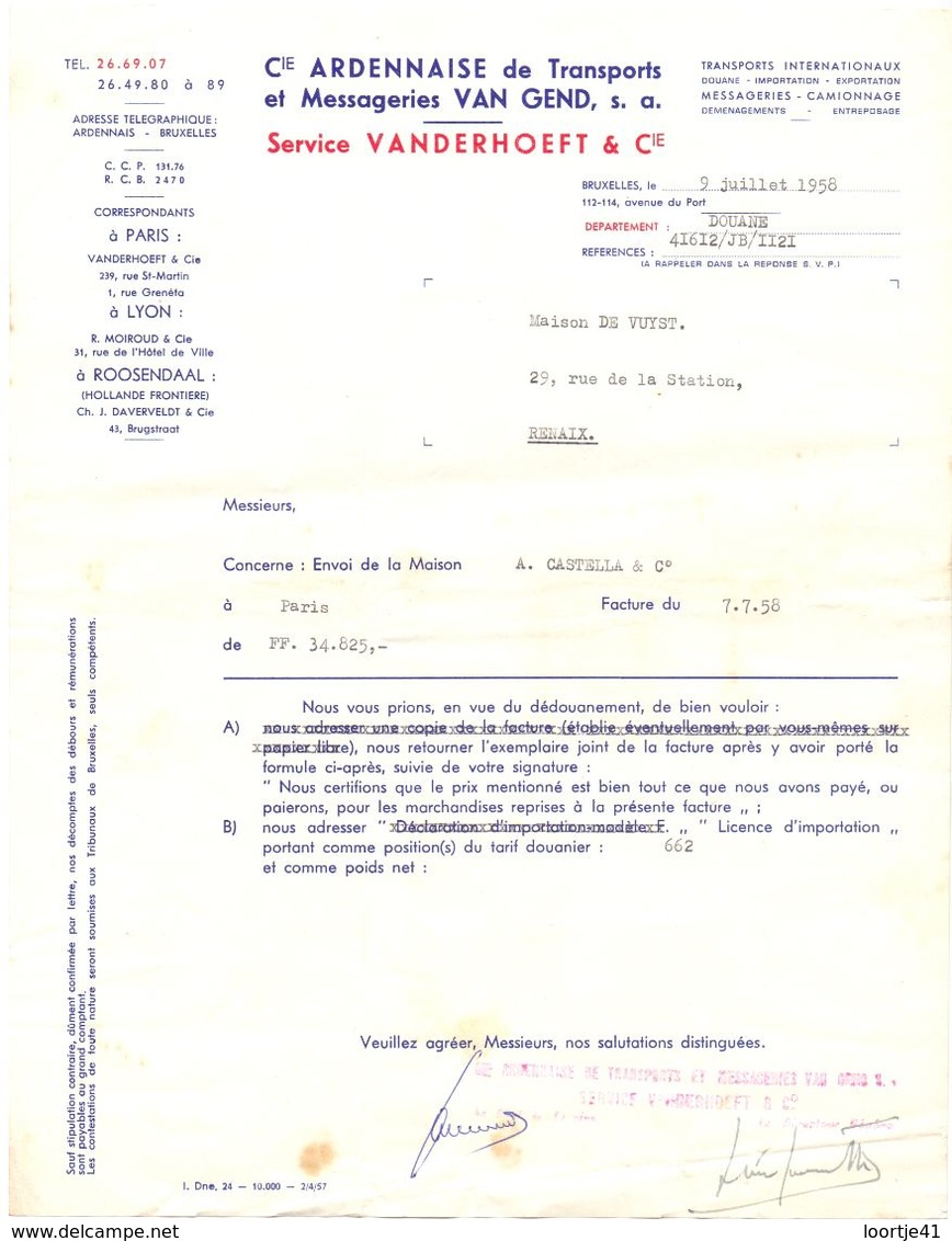 Factuur Facture - Cie Ardennaise De Transports Van Gend - Service Vanderhoeft & Cie - Bruxelles - 1955 - Transports