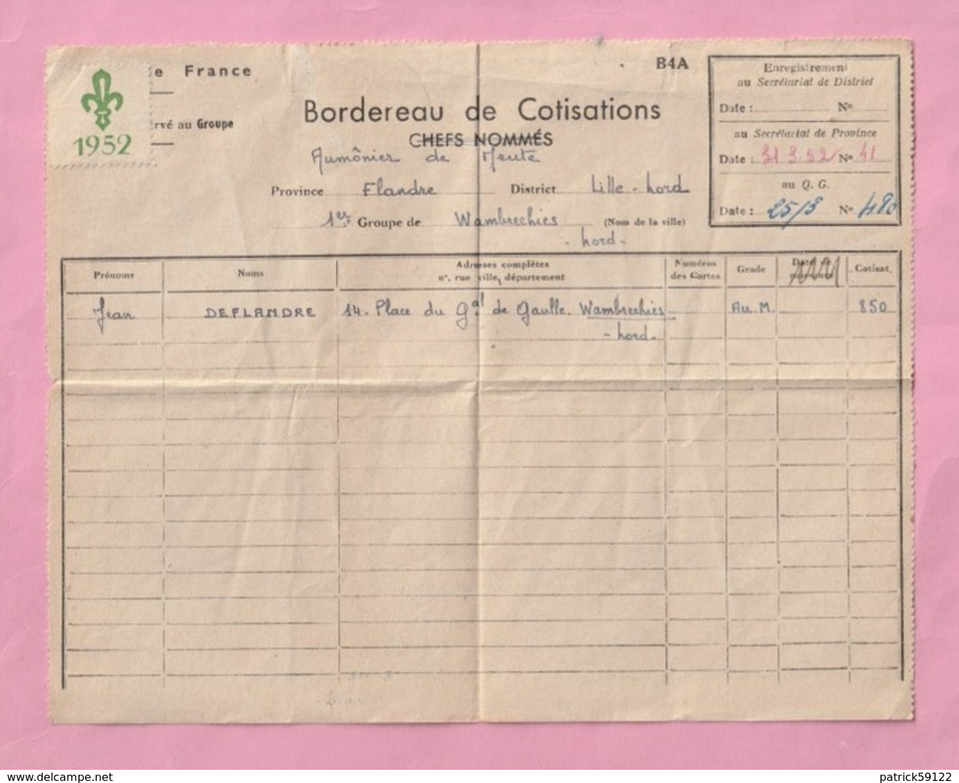 SCOUTISME : SCOUTS DE FRANCE - 1952 - BORDEREAU DE COTISATION  :  AUMONIER DE MEUTE ! - Sports & Tourisme