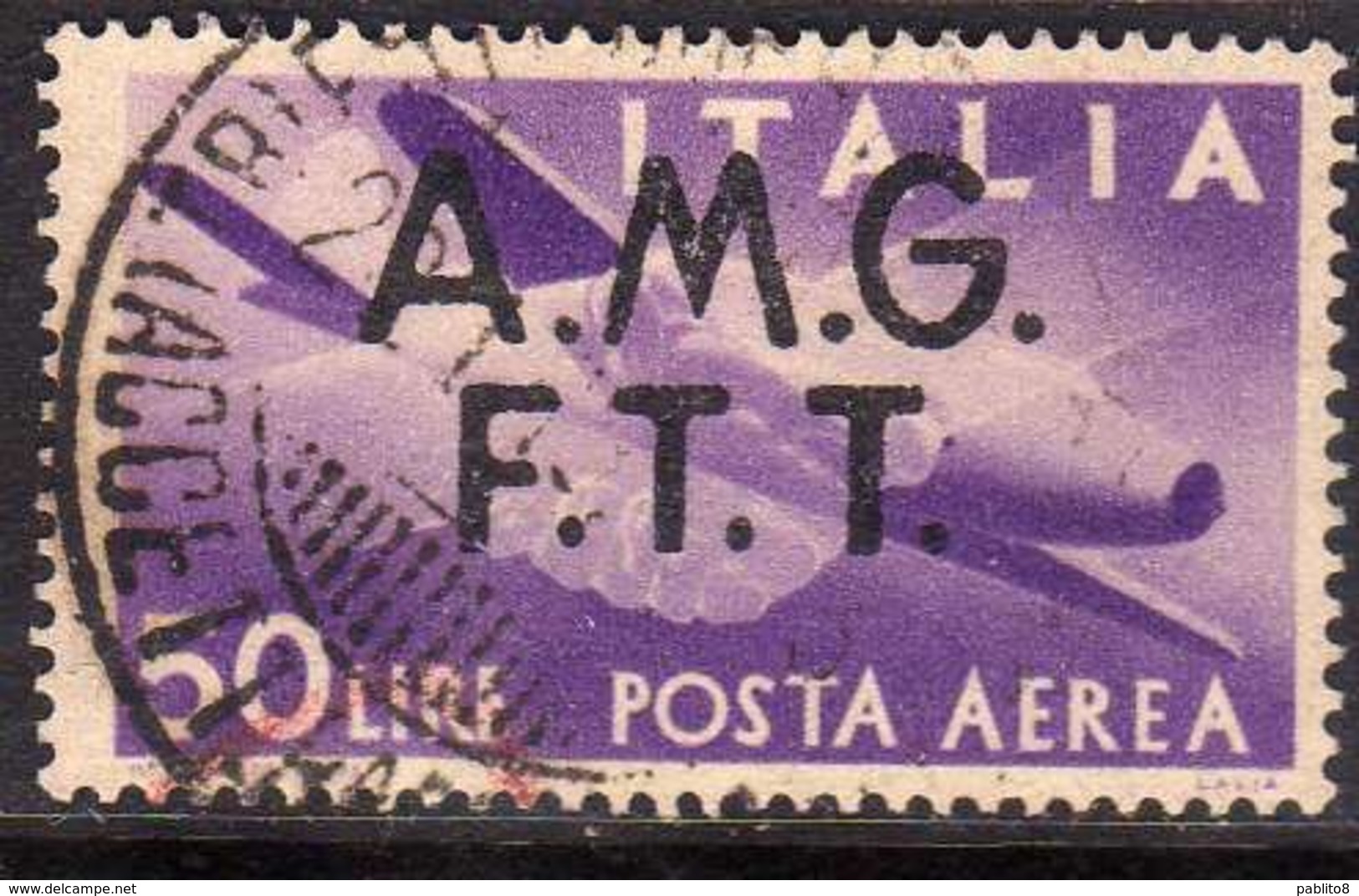 TRIESTE A 1947 AMG - FTT ITALIA ITALY OVERPRINTED DEMOCRATICA  POSTA AEREA LIRE 50 USATO USED OBLITERE' - Airmail