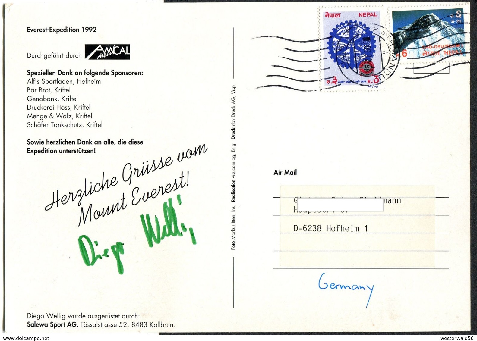 (1989) Nepal, Postkarte Von Der Everest-Expedition 1992, Gestempelt In KATHMANDU 8.9.1992 - Nepal