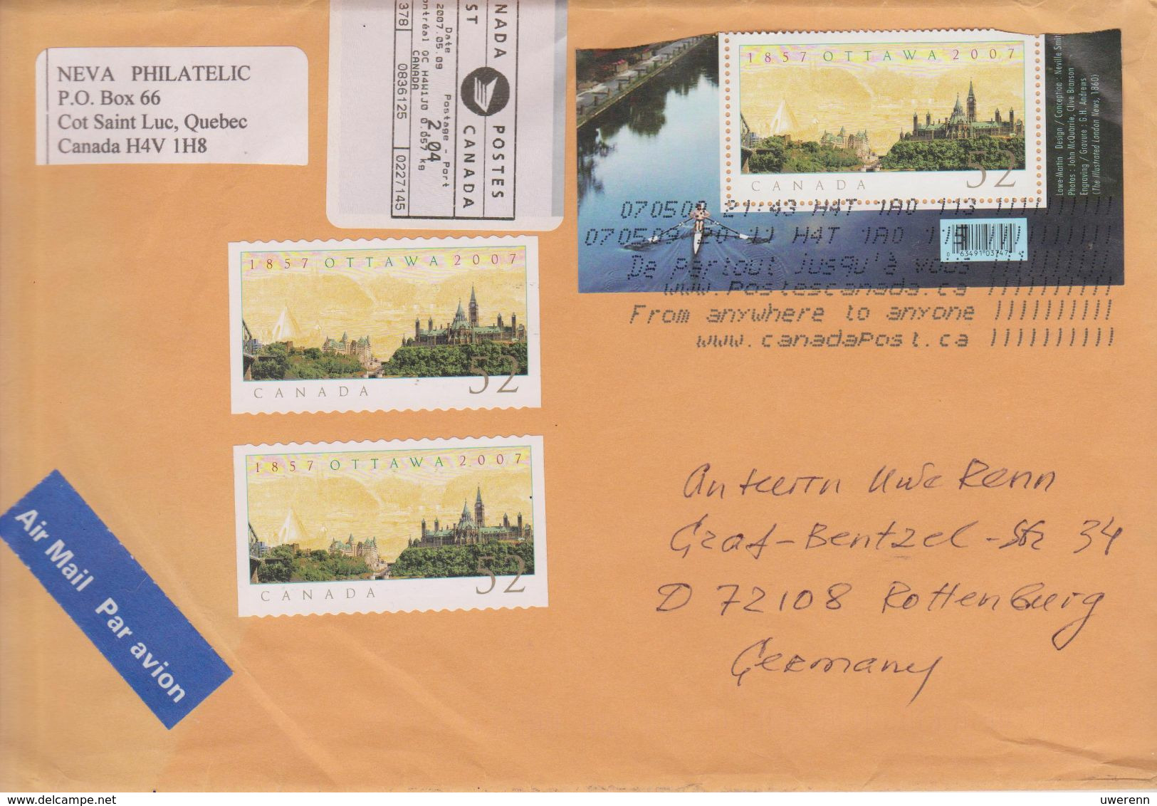 Kanada 2009. Brief Aus Cote-Saint-Luc, Quebec Nach Deutschland, Stempel Posteigenwerbung "From Anywhere ..." - Historia Postale
