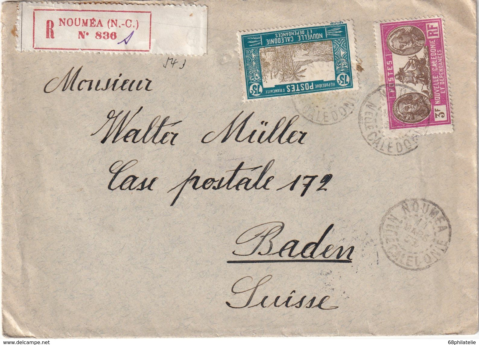 NOUVELLE-CALEDONIE 1939 LETTRE RECOMMANDEE DE NOUMEA AVEC CACHET ARRIVEE BADEN - Lettres & Documents