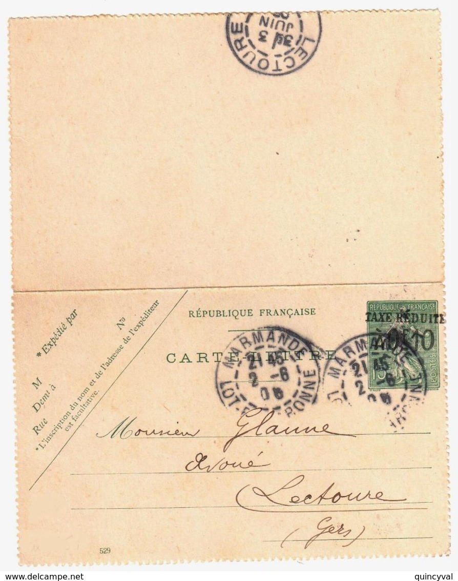 MARMANDE Lot Et Garonne Carte Lettre Entier 15c Semeuse Lignée Verte 529 Surcharge TAXE REDUITE 0F10 Yv 130-CL1 Ob 1906 - Letter Cards