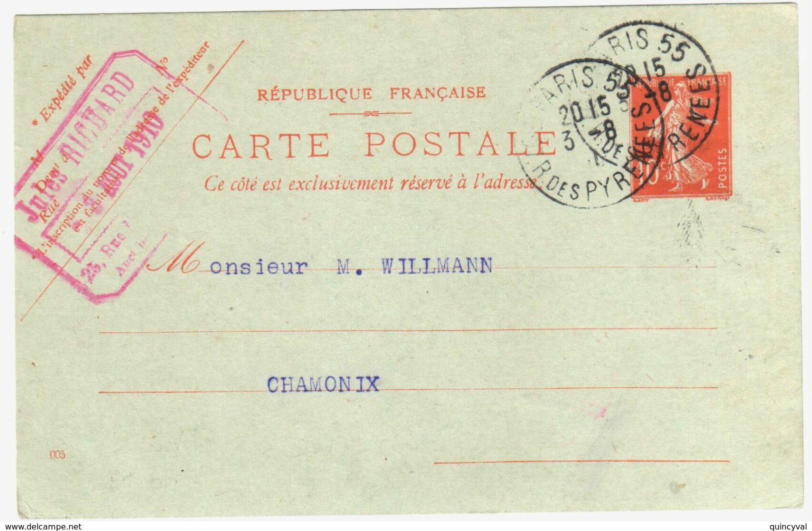 PARIS 55 R De Rennes Carte Postale Entier 10c Semeuse Rouge Sur Vert Bleu Yv 138-CP1 Ob 1910 Mill 005 - Cartes Postales Types Et TSC (avant 1995)