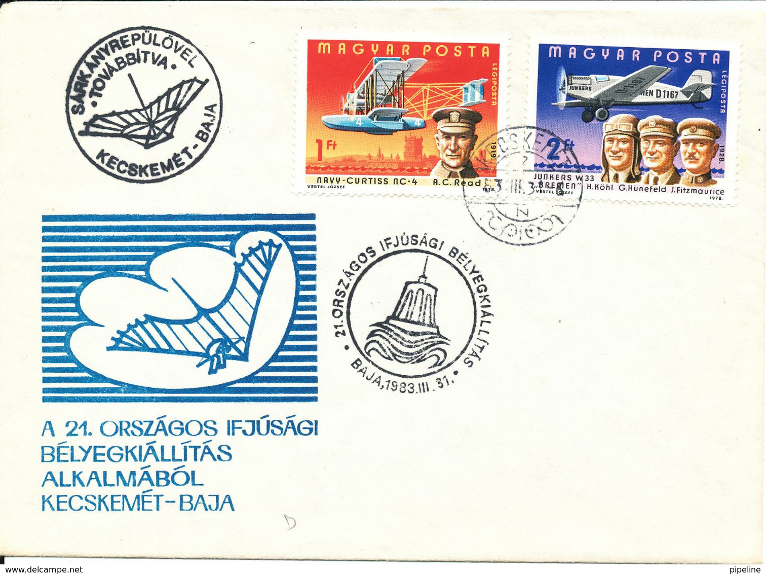 Hungary Cover Baja 31-3-1983 21st Youth Stamp Exhibition Sent By Glider - Covers & Documents