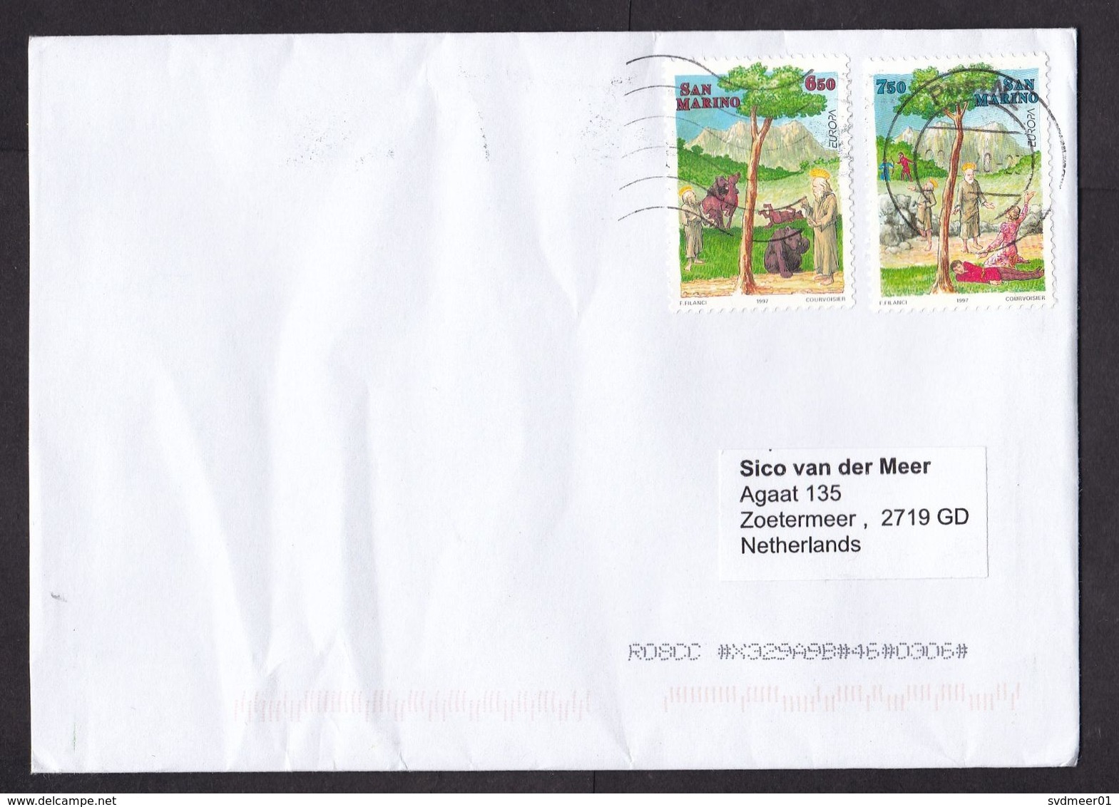 San Marino: Cover To Netherlands, 2020, 2 Stamps, Europa, Legend, Religion, Bear, Dutch Cancel Only (minor Creases) - Storia Postale