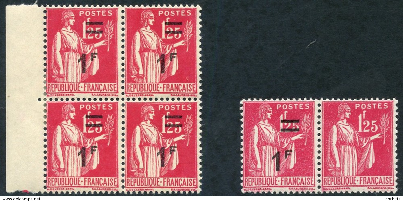 1941 1f On 1f.25 Peace Pair, Right Stamp With Surcharge Omitted, UM (signed), Also A Normal Block Of Four, Maury 483h. ( - Andere & Zonder Classificatie