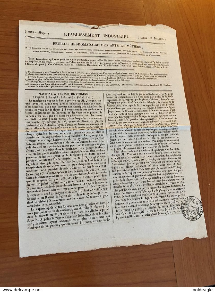 Etablissement Industriel - Feuille Des Arts Et Métiers 1827- Machine à Vapeur De  PERKINS  Avec PLANS - Tools