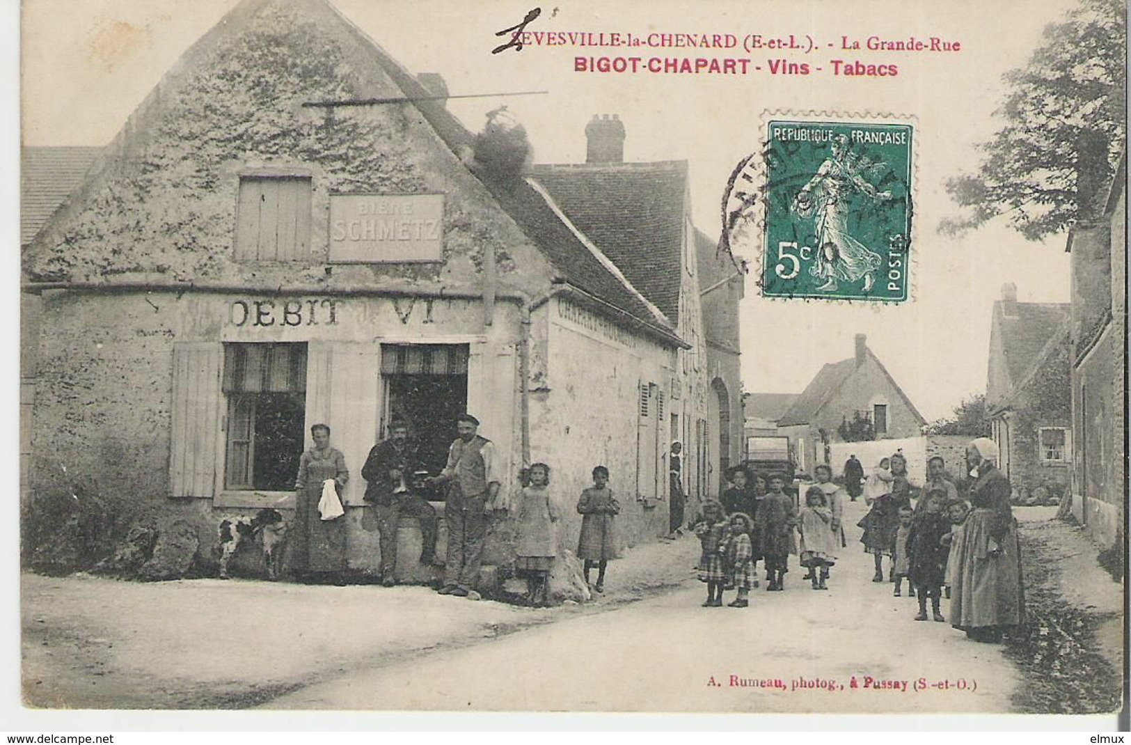 LEVESVILLE LA CHENARD. CPA Voyagée  La Grande Rue Bigot- Chapart Vins Tabacs - Autres & Non Classés