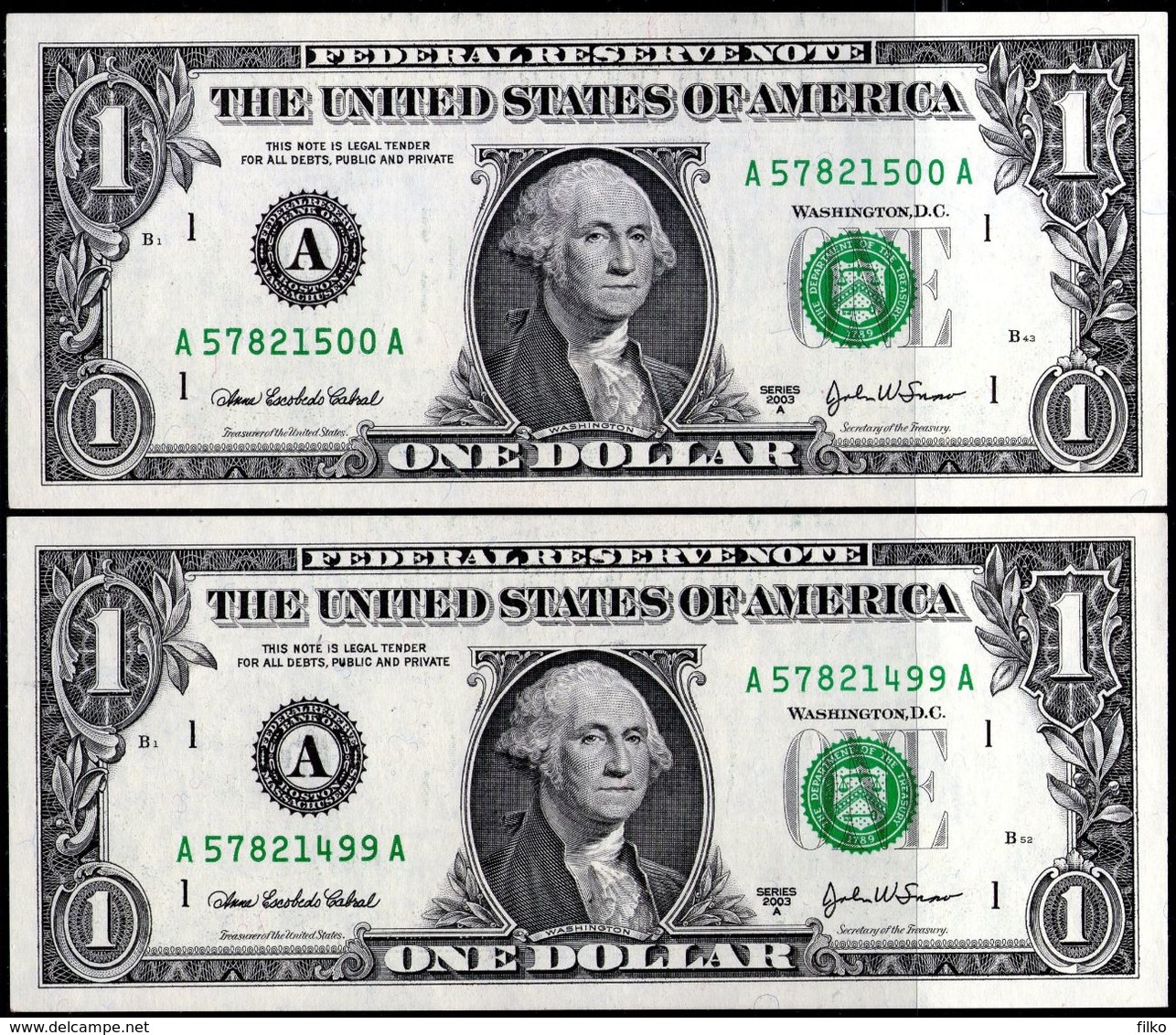 USA 1$ Dollars 2003A,Boston Consecutive SerialNo.,as Scan - Billetes De La Reserva Federal (1928-...)