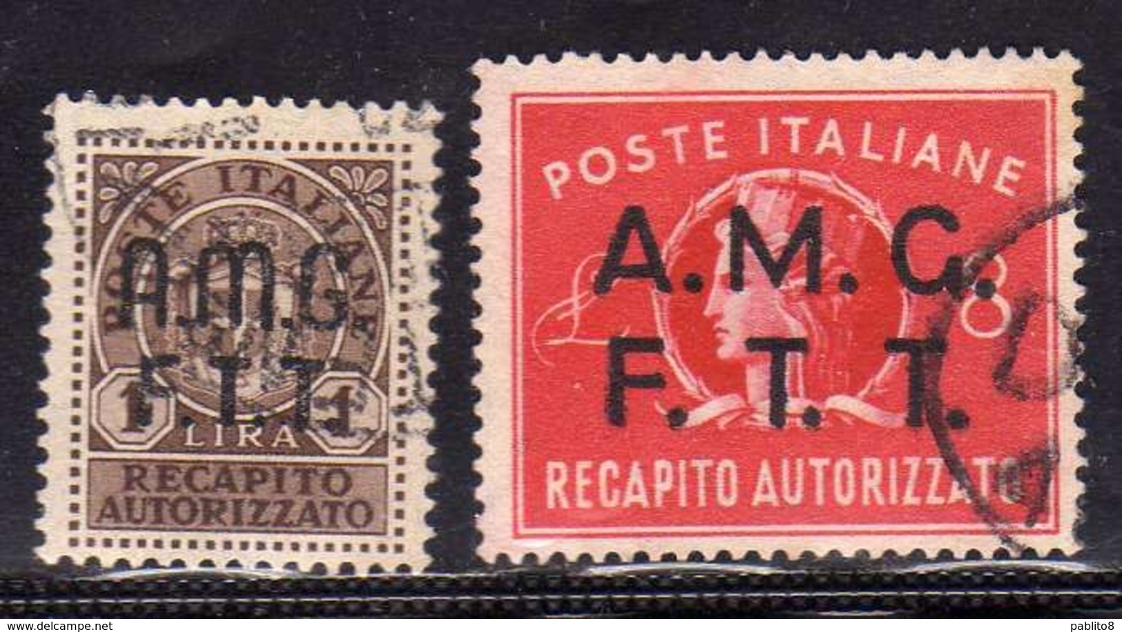 TRIESTE A 1947 AMG - FTT ITALIA ITALY OVERPRINTED RECAPITO AUTORIZZATO LIRE 1+8 SERIE COMPLETA SET USATO USED OBLITERE' - Steuermarken